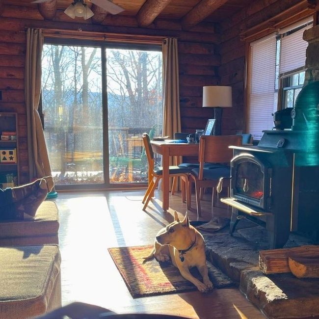Wooden A-Frame Cabin Fireplace