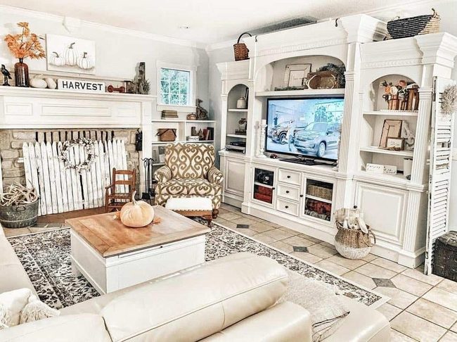 White Arched Shelves Stone Fireplace