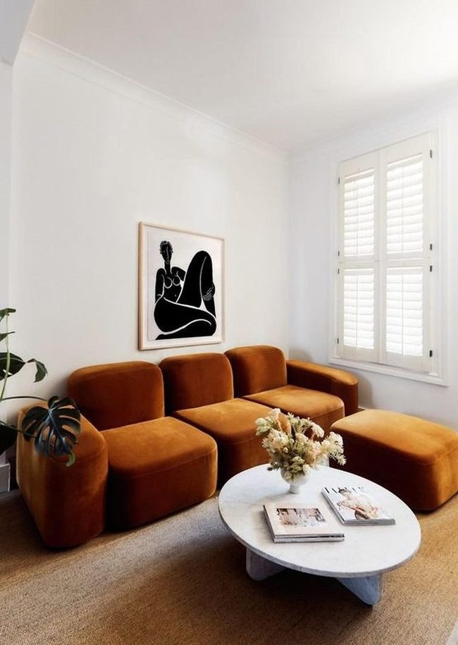 Rust Sofa With Striking Black Art