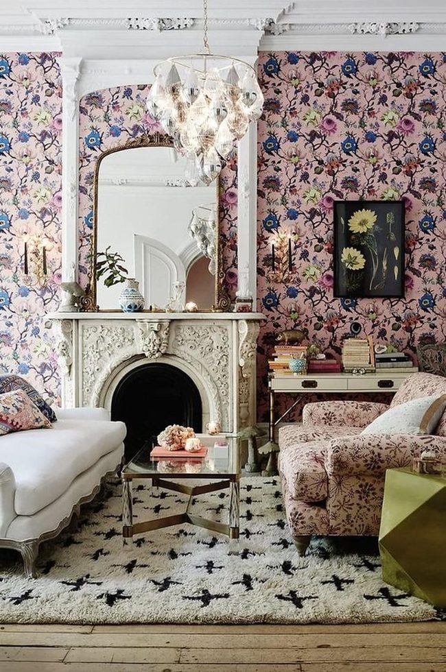 Pink Florals Meet Stone Fireplace