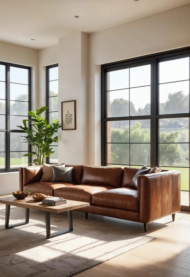 Brown Leather Couch Illuminated Perfectly
