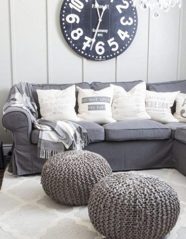 Gray Knit Poufs And Statement Clock