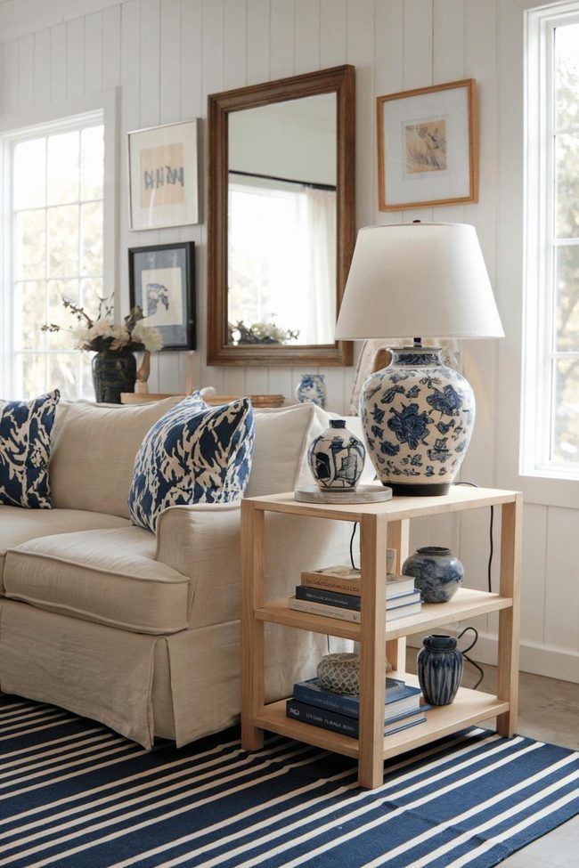 Three-Shelf Wood Table With Layered Styling