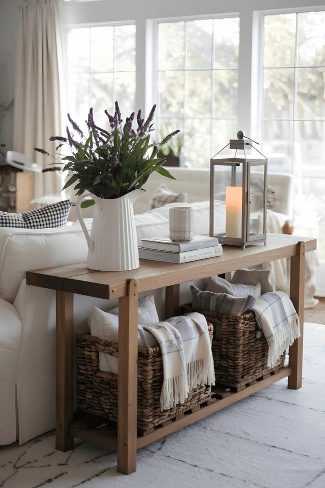 Purple Flowers Styled On Console Table