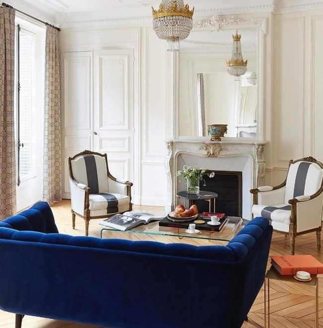 Crystal Chandelier Meets Striped Sophistication