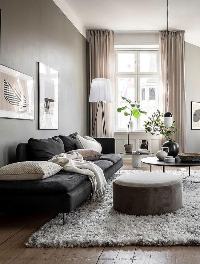 Light-Filled Gray Living Room With Black Sofa