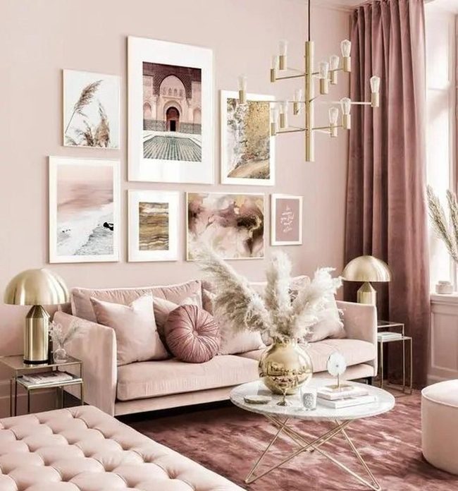 Pink Velvet Living Room With Gold