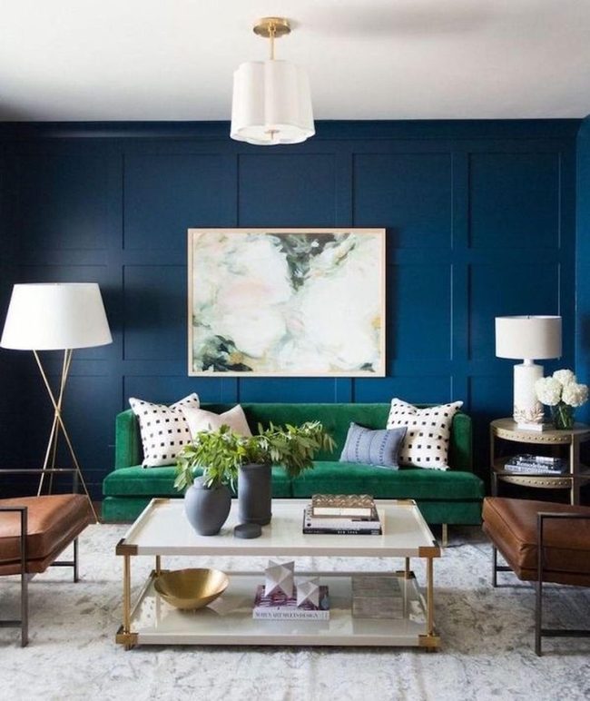 Green Velvet Couch Bold Blue Walls