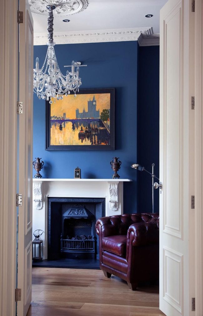 Blue Walls Frame Crimson Leather Elegance