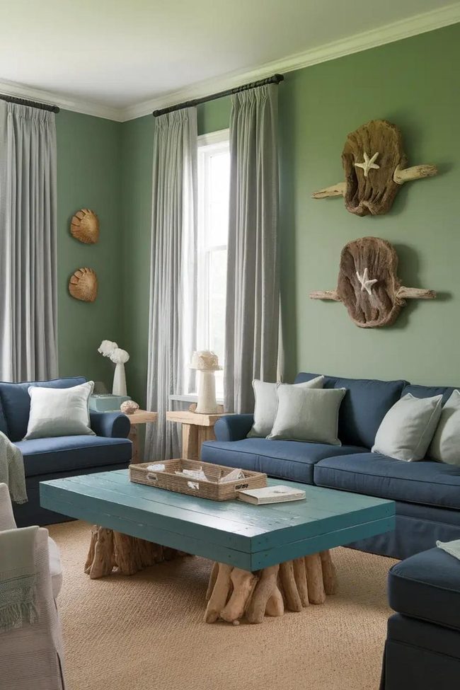 Pale Blue Furniture Against Muted Green