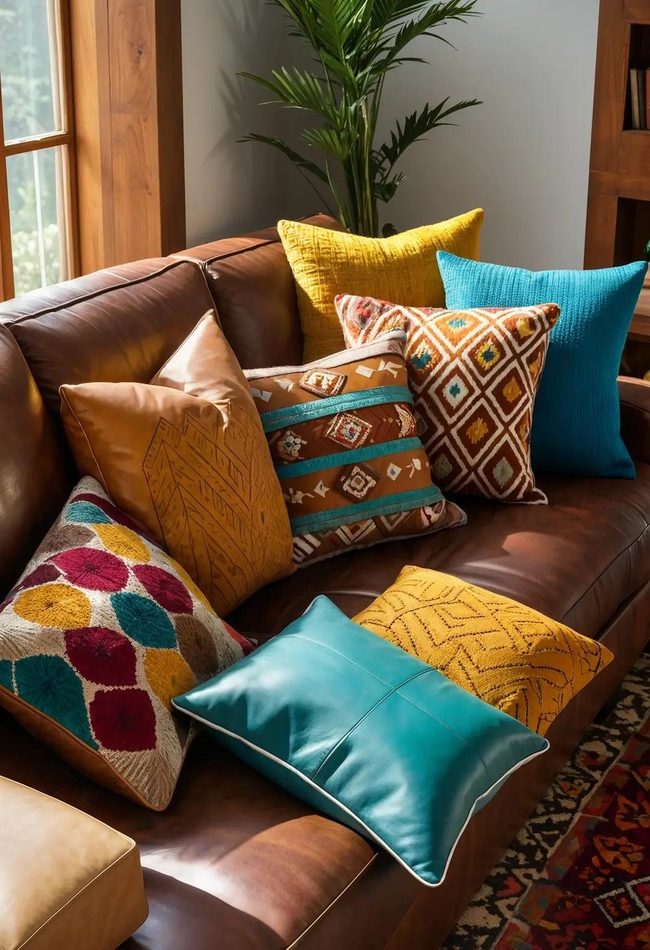 Jewel Tone Pillows Transform Brown Leather