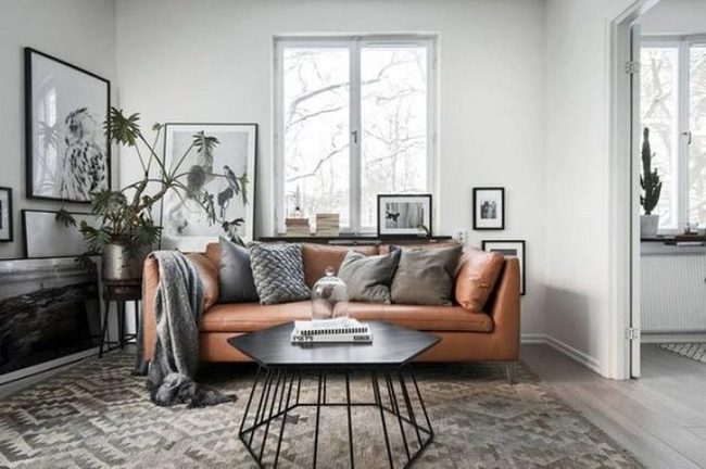 Brown Leather Couch, Sunlit Minimalism