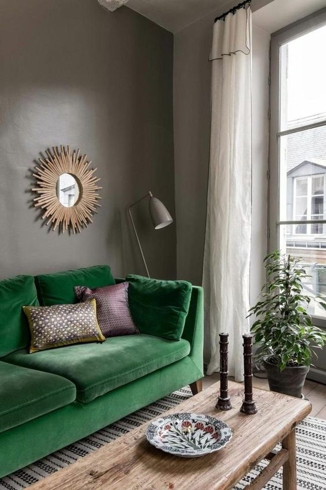 Green Velvet Sofa Sunburst Mirror