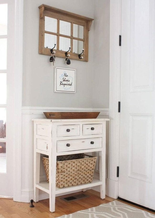 Textured Wood Table Brightens Narrow Hallway