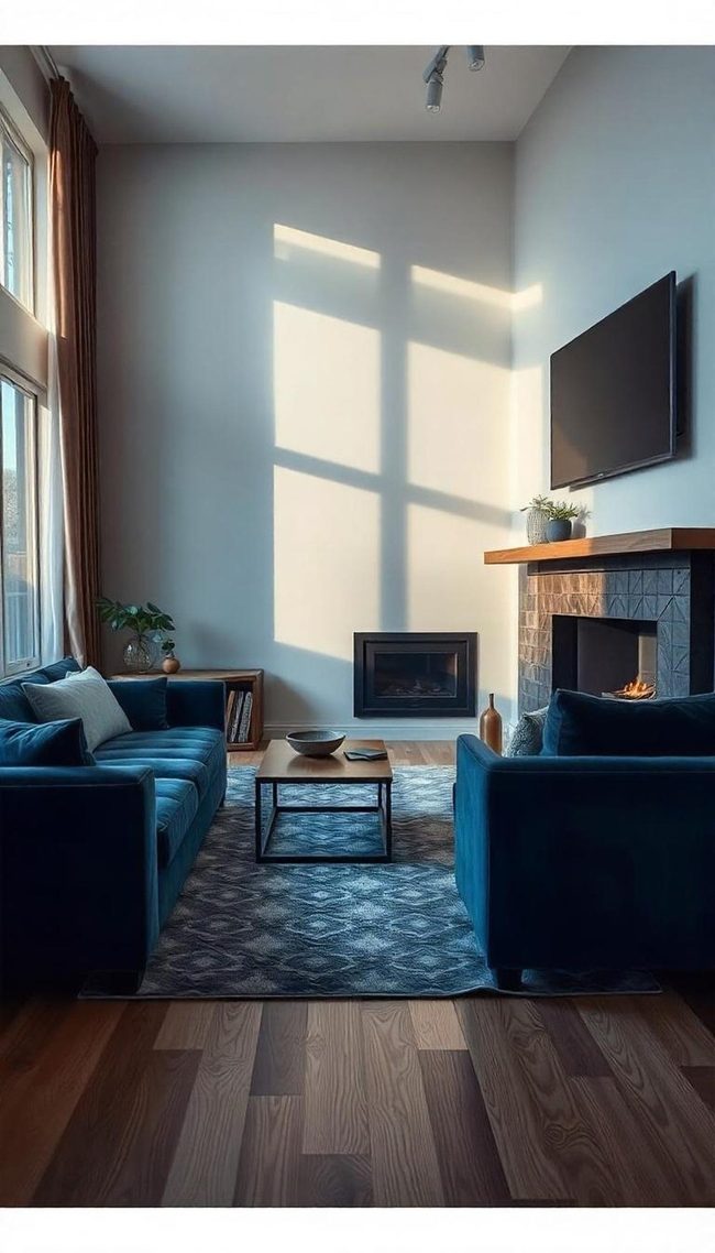 Blue Rug Anchors Neutral Living Room