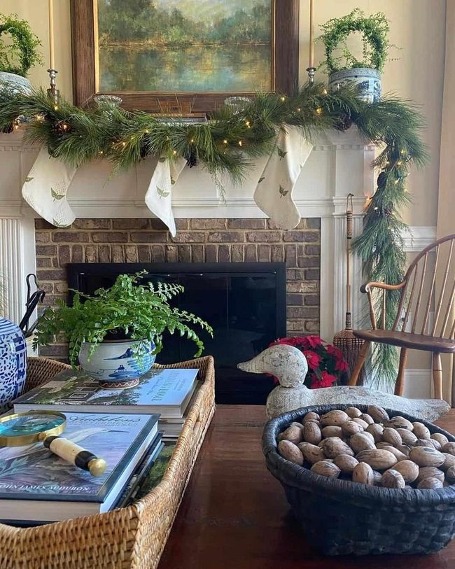 Brick Fireplace With Evergreen Mantel