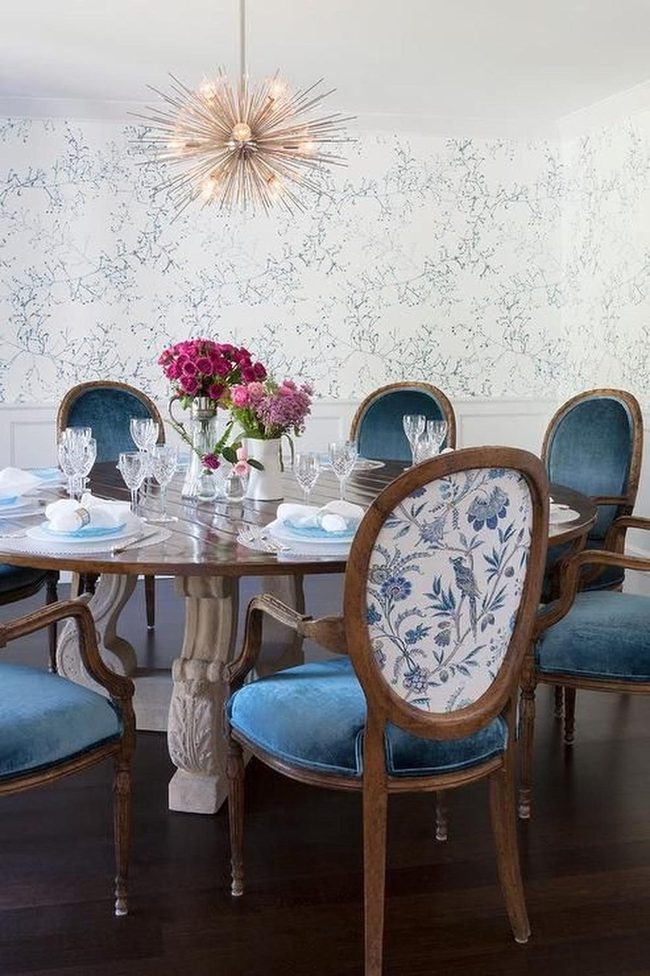 Blue Velvet Chairs, Wooden Table