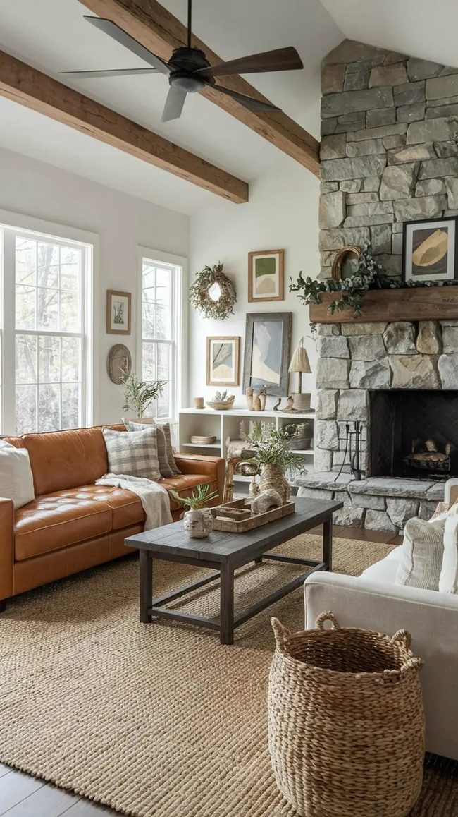 Stone Fireplace Wooden Beam Living Room