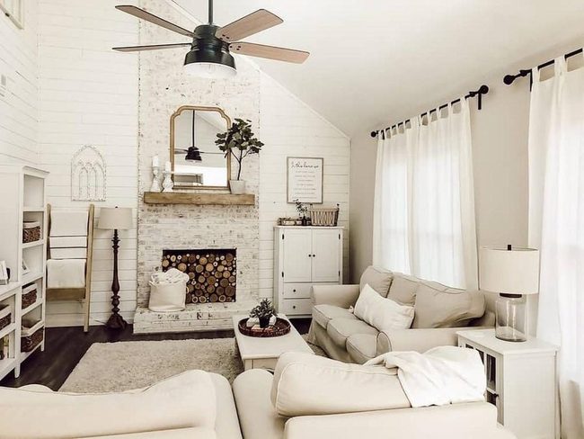 White Shiplap Stone Fireplace Light