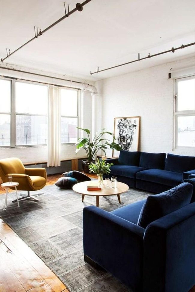 Deep Blue Sofa Meets Sunshine Yellow