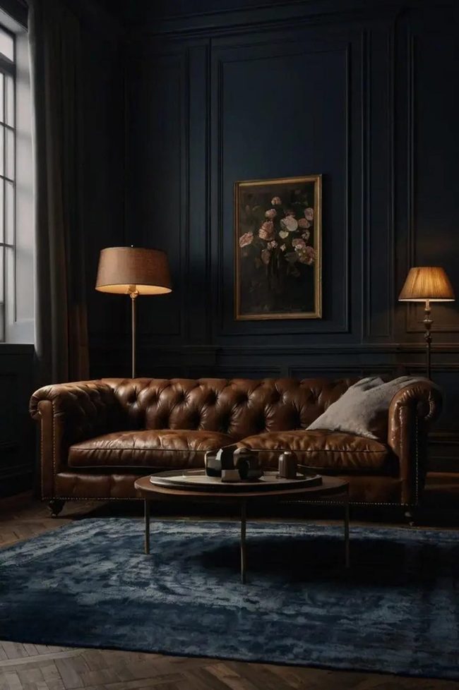 Deep Brown Sofa Navy Walls
