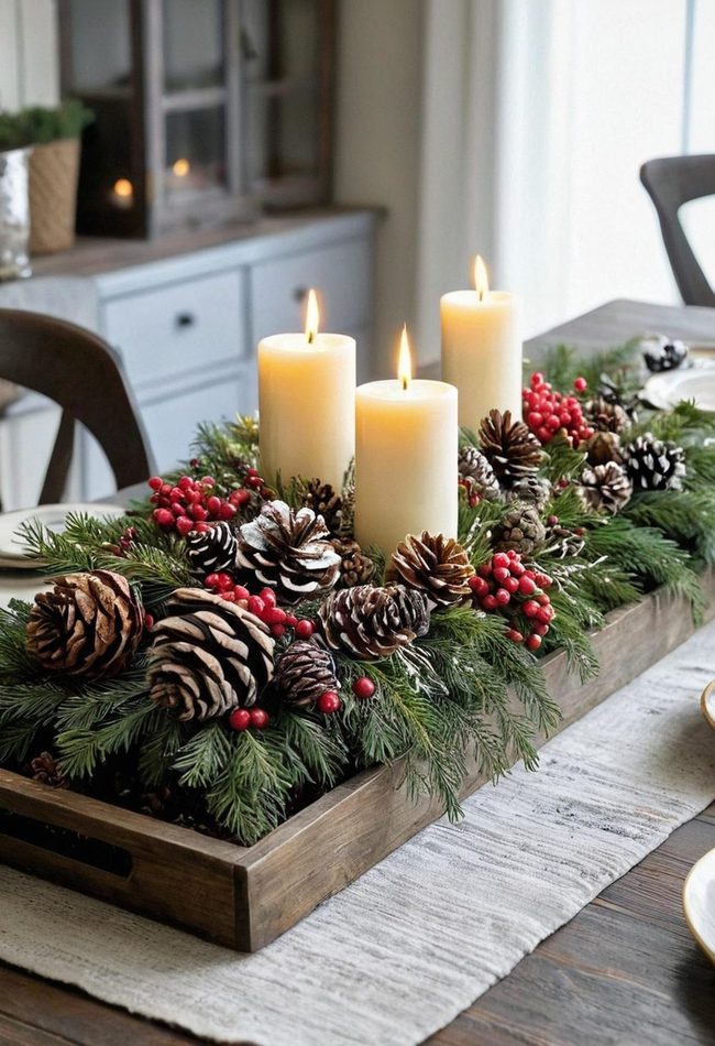 Wooden Tray With Gold Pinecones