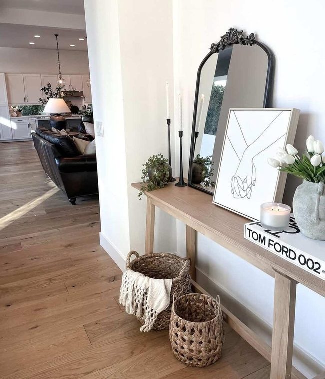 Wooden Table White Tulips Stone Vase