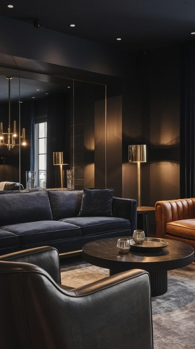 Dark Velvet Sofas With Reflective Mirrors