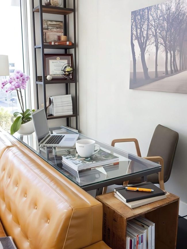 Glass Desk Brown Leather Office