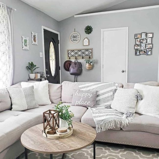 Stained Wood Table Anchors Gray Seating