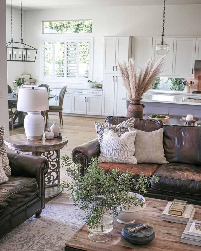 Brown Leather Seating With Natural Wood Accents