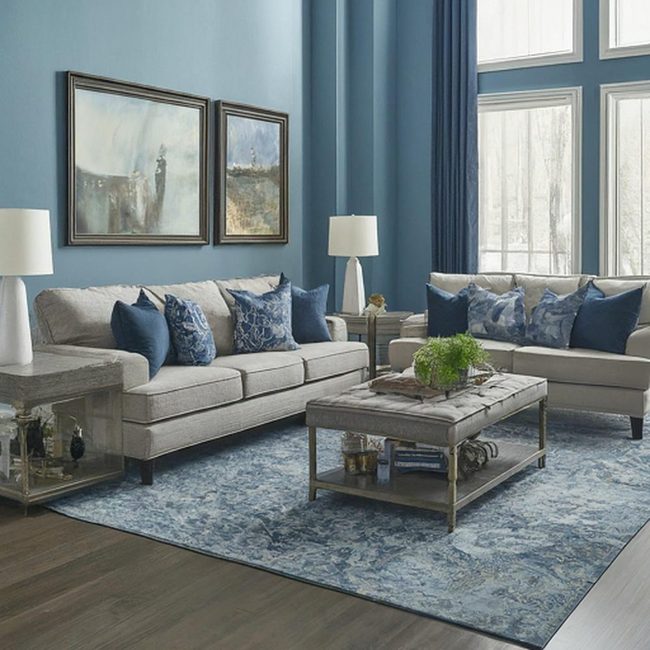 Deep Blue Sofa With Layered Grays