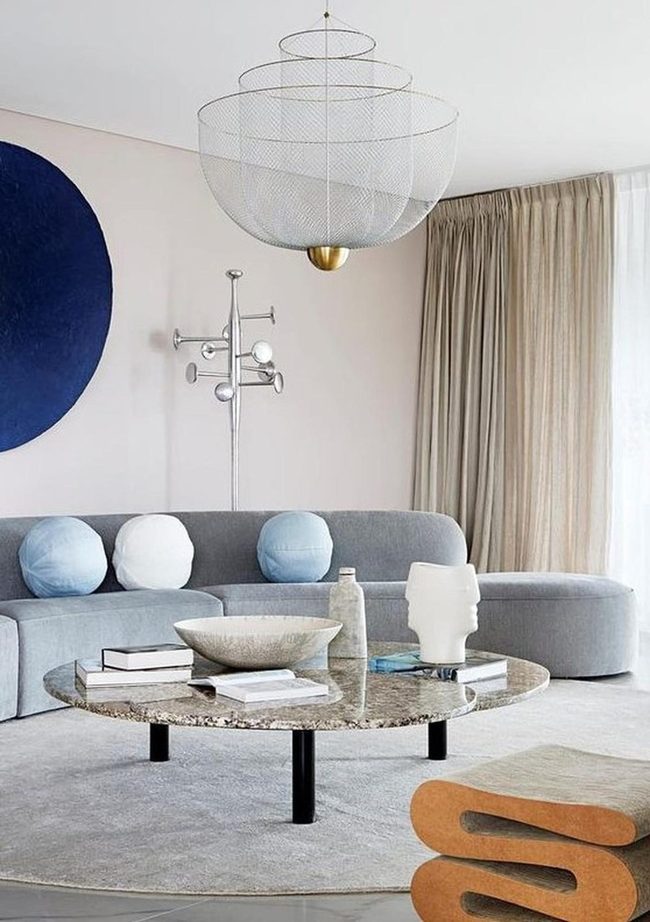 Gray Sofa, Blue Accents, Light Filled