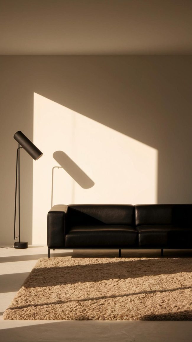 Black Statement Couch With Sculptural Light