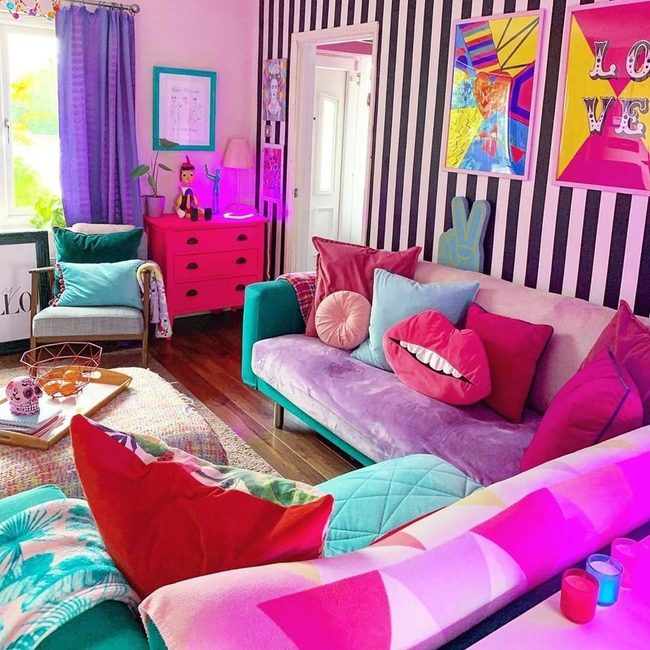 Striped Walls Meet Purple Teal Cushions
