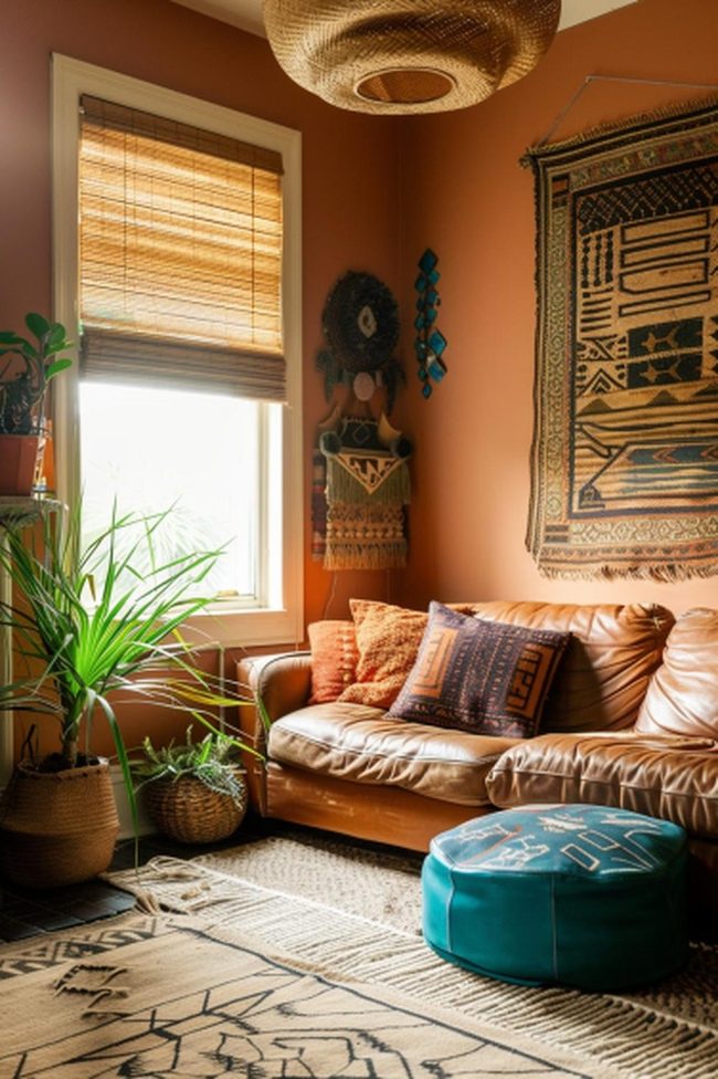 Tan Leather Sofa Amid Terracotta