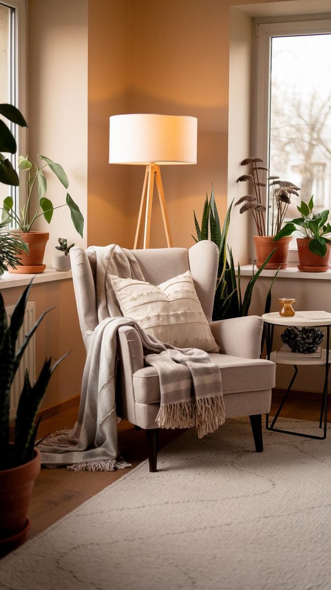 Cream Armchair With Green Plants Reading Corner