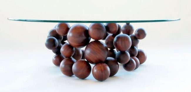 Glass Top Over Stacked Wooden Spheres