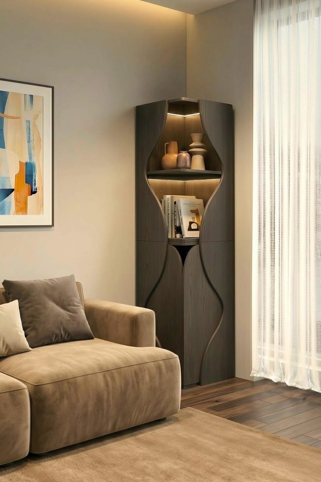 Curved Rustic Timber Wall Shelving Statement