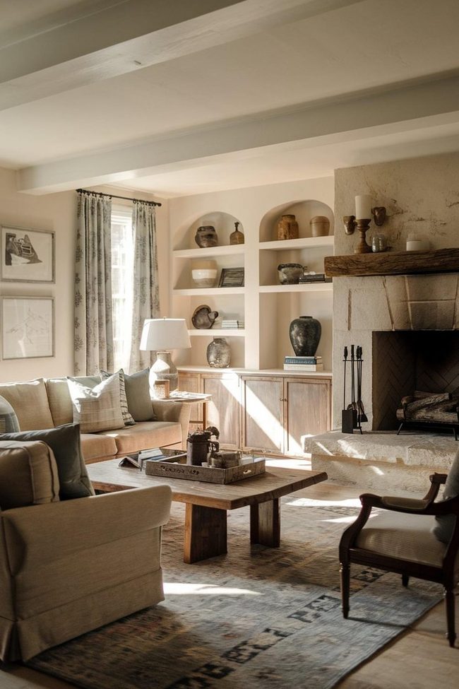 Beige Sofa with Exposed Wood Beams