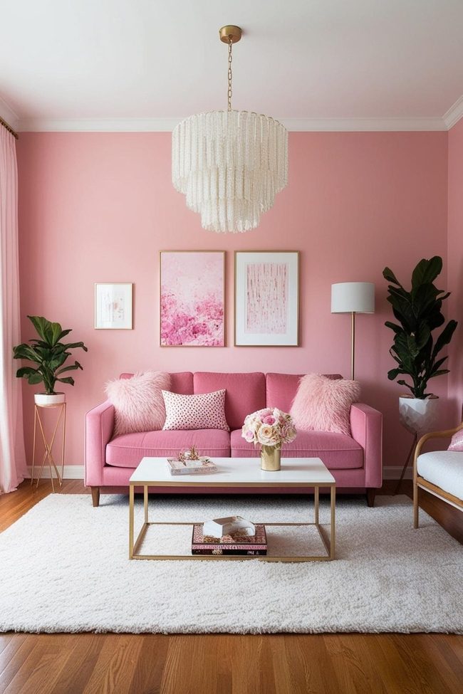 Lightweight Pink Walls With White Fireplace