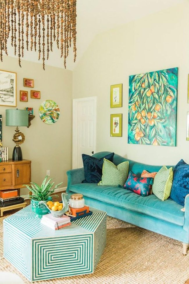 Teal Sofa Meets Citrus Walls