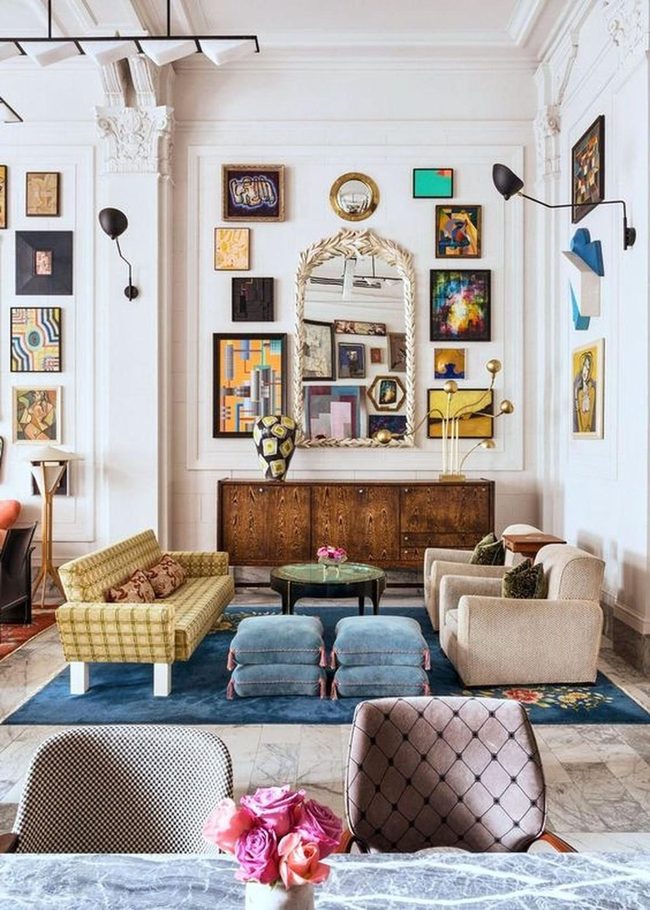 Yellow Sofa Meets Floral Blue Rug