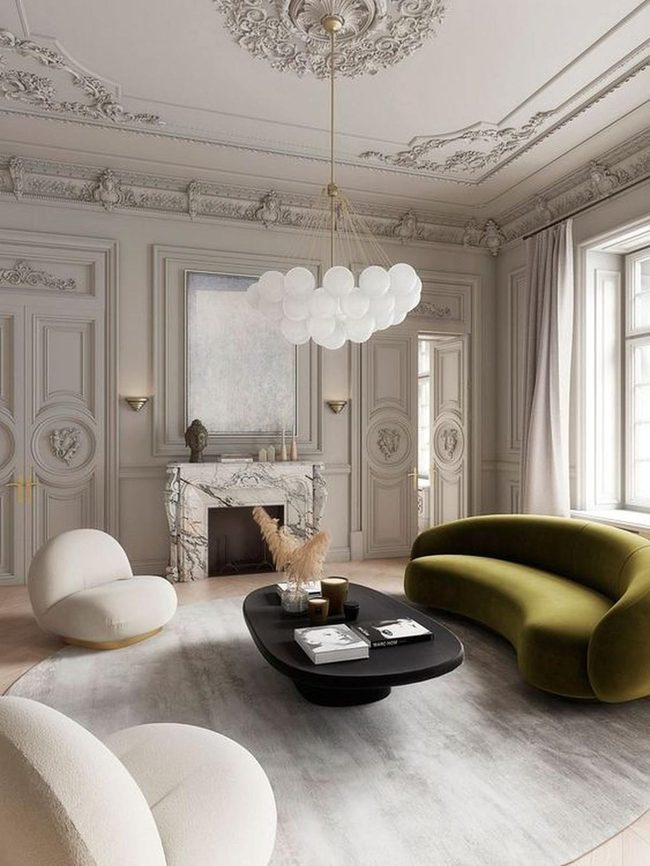 Curved Green Sofa, Light Gray Elegance