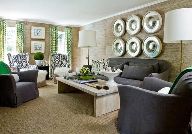 Green Pillows Pop Against Gray Sofas