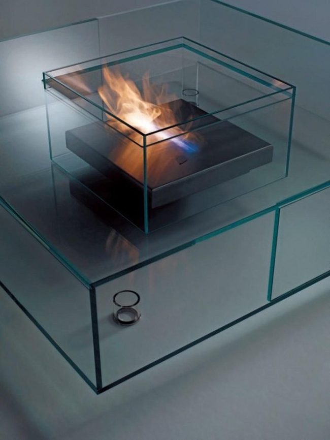 Glass Table With Central Fire Feature