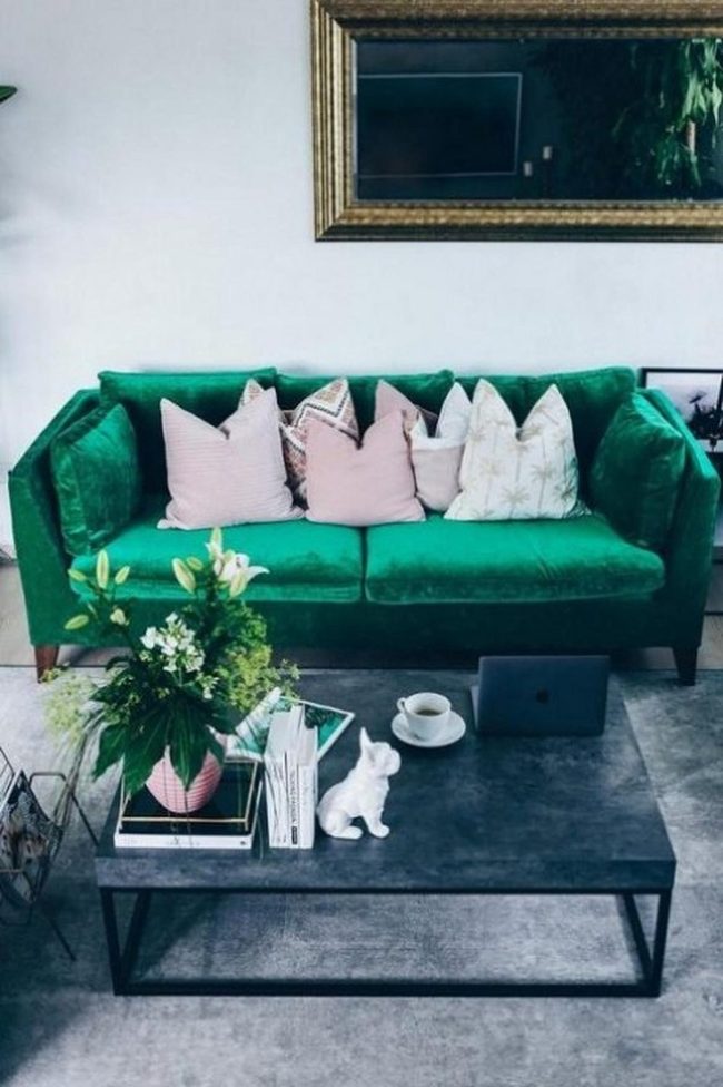 Emerald Green Sofa With Pink Accents