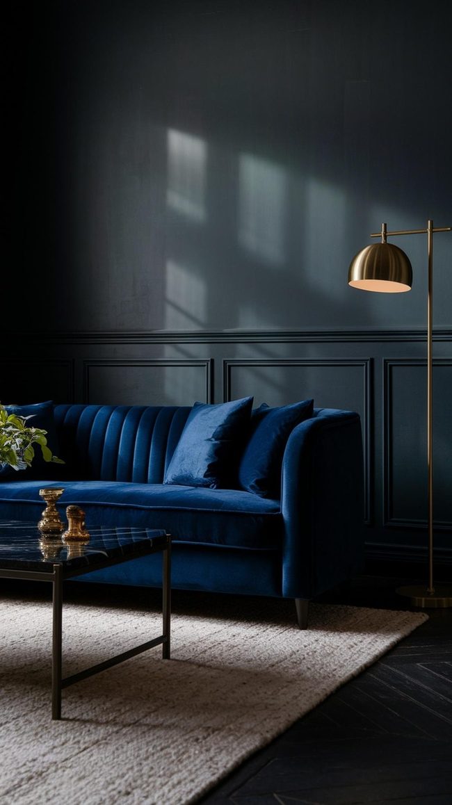 Blue Velvet Couch In Dark Luxury