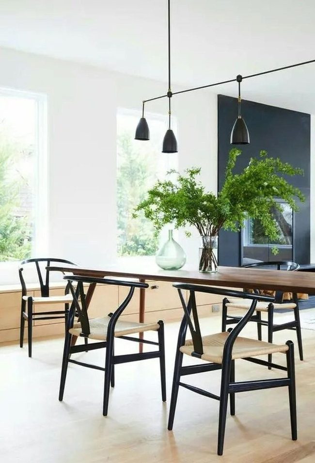 Black Pendant Lights, Wooden Table