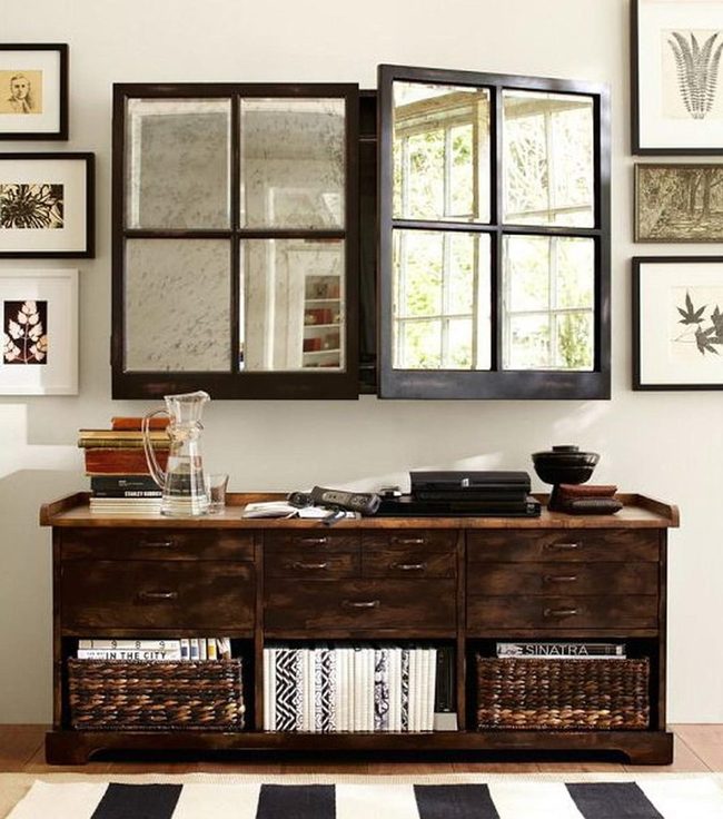 Dark Wood Storage With Layered Mirrors